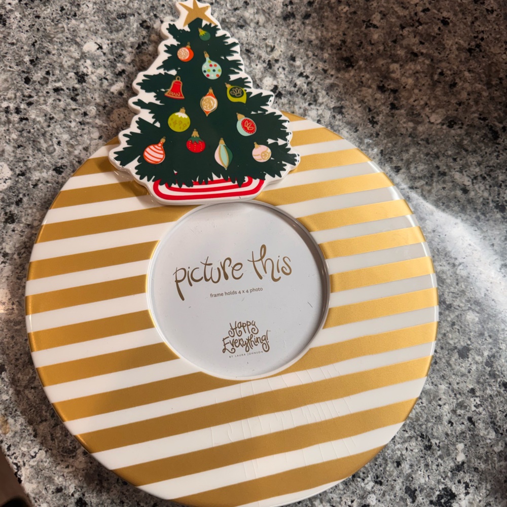 Gold and White Striped Picture Frame with Christmas Tree Accent